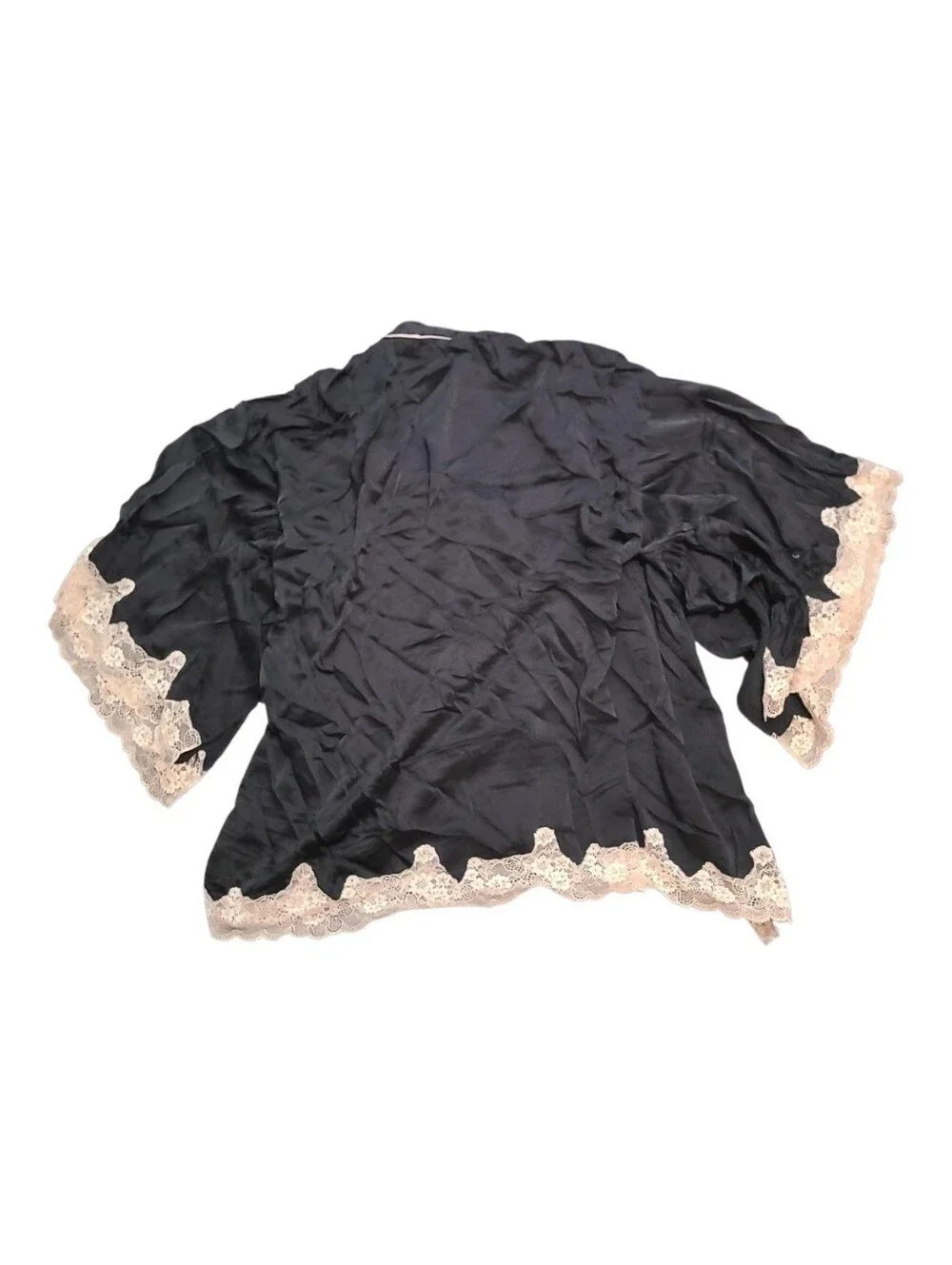 Black Lace-Trim Kimono Robe with Contrast Piping